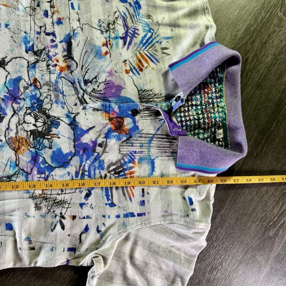 Robert Graham Polo Shirt Mens M Gray Striped Abstract Floral Art Casual Preppy - Picture 5 of 6